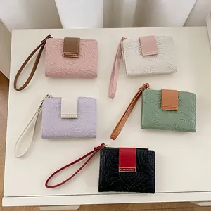 Women's embossed rose flower PU leather short wallets in five colors with wristlets