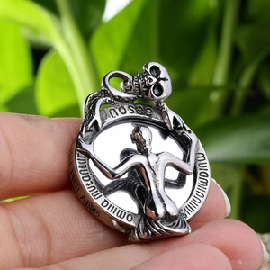 Punk silver stainless steel skull pendant with figure sculpture engraving and vintage finish