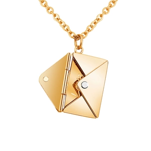 Close-up of gold stainless steel envelope necklace featuring an openable locket pendant
