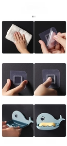 6-step installation guide for wall-mounted whale soap holder with adhesive backing