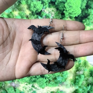 Gothic black acrylic bat and crescent moon drop earrings with sparkling finish