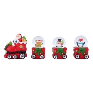 Detail set of four Christmas snow globes featuring Santa, reindeer, and snowman figurines