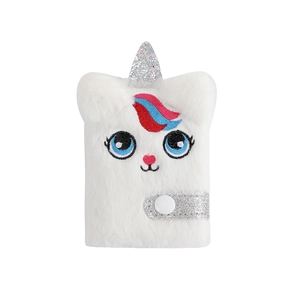 Cute white plush caticorn notebook with silver glitter snap buckle and unicorn horn