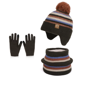 Winter kids knit set with pompom earflap hat, snood scarf and touch-screen gloves