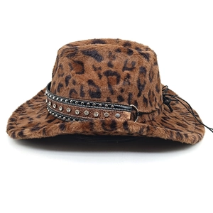 Detail of plush leopard cowboy hat featuring a studded leather band and soft faux fur