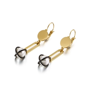 Minimalist gold geometric long drop earrings with pearl wrapped in black cage wires