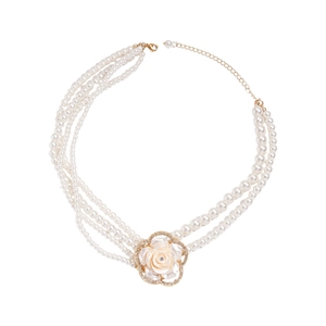 Multi-strand pearl necklace with a white flower pendant and gold-plated alloy hardware