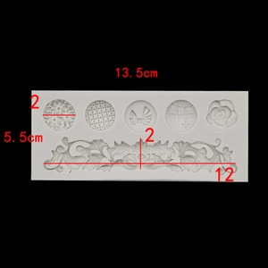 Macro detail of white silicone cake mold with baroque scrolls and floral lace patterns