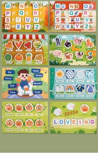 Detail of 8 educational boards showing letters, animals, weather and body parts for toddlers