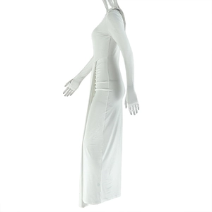 Detail of white long sleeve maxi dress featuring side ruching and draped fabric detail