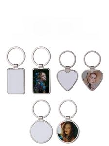 Macro view of rectangle heart and round metal keychains for DIY photo sublimation