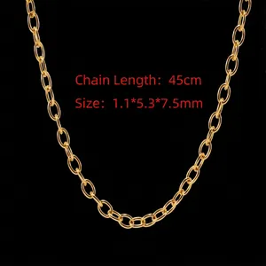 Detail of gold Cuban link chain showing 45cm length and 1.1x5.3x7.5mm link size