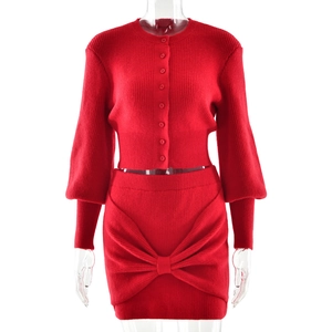 Red knit two-piece set featuring slim long-sleeved cardigan and bow-knot mini skirt
