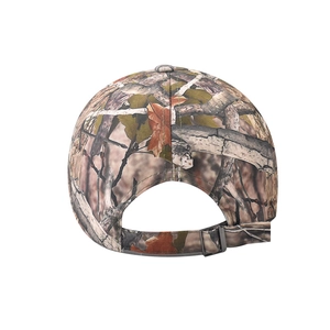 Detail of adjustable metal buckle and strap on the leaf camouflage baseball cap back