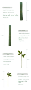 Detail showing artificial flower stems in various lengths with silk leaves for DIY floral