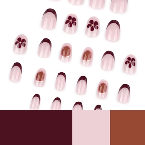 Short round French style press-on nails set featuring burgundy floral and geometric patterns