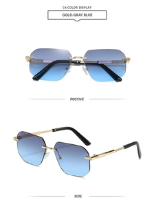 Detail view of rimless square sunglasses with blue gradient lenses and gold metal temples