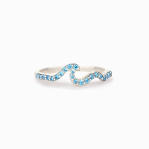 Minimalist S925 sterling silver wave ring with sparkling light blue gemstones for women