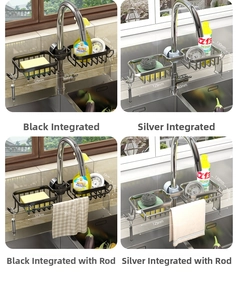 Detail of adjustable stainless steel faucet rack showing multi-size storage dimensions