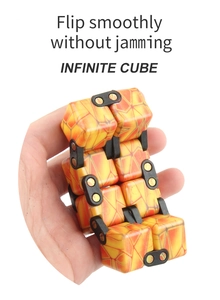 Macro detail of an orange infinite cube with smooth flipping black hinge structure