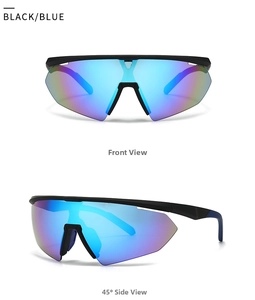 Detail of classic pilot sunglasses with black frame and purple-blue gradient lenses