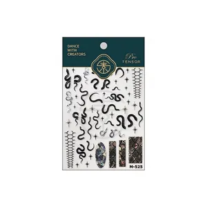 Gothic 3D snake pattern embossed nail stickers with gold accents and star elements