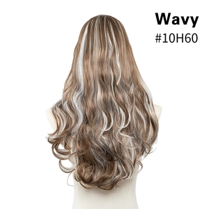 Detail of wavy long hair extension in light brown with silver highlights #10H60