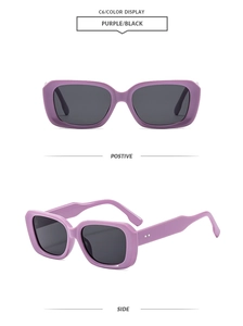 Detail view of purple rectangular retro sunglasses with black lenses and side frame view
