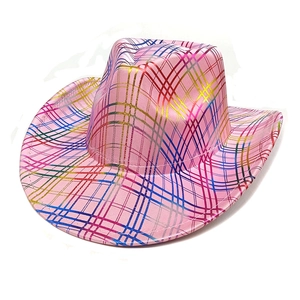 Close-up of pink cowboy hat with rainbow metallic grid pattern and wide curved brim