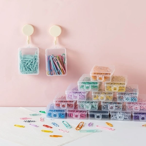 Colorful macaron paper clips in a transparent portable storage box for office stationery