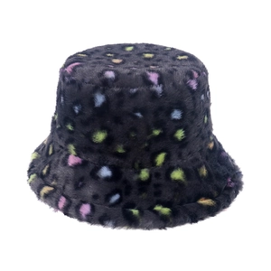 Winter fluffy faux rabbit fur bucket hat with colorful leopard print for cold weather warmth