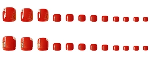 Detailed macro view of 24 pieces set of glossy red press-on toenails on white background