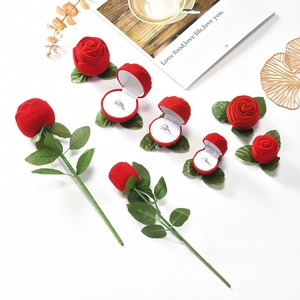 Romantic Rose Shaped Flocked Velvet Jewelry Box Rose Flower Engagement Wedding Ring Earring Stud Storage Gift Box With Stem