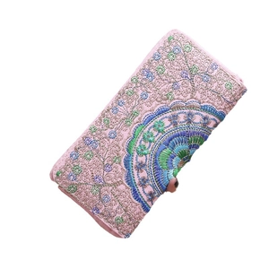 Pink ethnic embroidery long wallet with mandala floral patterns and zip closure