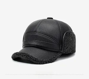 Detail view of winter leather baseball cap with thickened faux fur ear flaps and lining