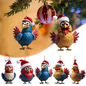 Set of 6 cartoon Christmas chicken acrylic ornaments hanging on a festive Xmas tree