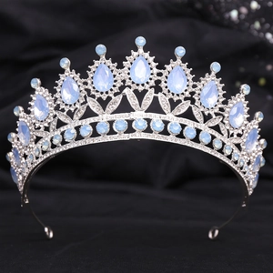 Elegant silver bridal tiara with light blue teardrop crystals for wedding party