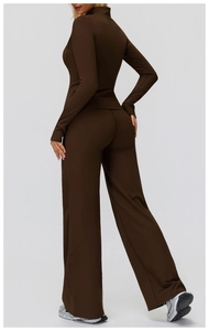 Rear view of slim fit coffee brown zip-up sports jacket and wide leg pants set