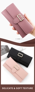 Detail of long tri-fold women's wallets in purple, black, and pink with litchi texture