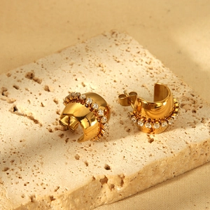 Luxurious Stainless Steel Cubic Zirconia C-Shaped Stud Earrings 18K Gold Plated Waterproof Fashion Jewelry For Women