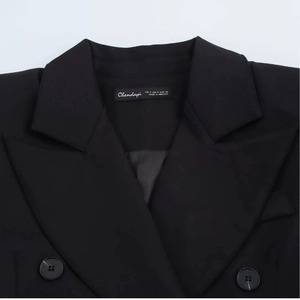 Women's black satin blazer with peak lapels and padded shoulders in double-breasted style