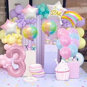 Macaron color balloon set with pink number 3 and star foil balloons for birthday party decor