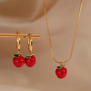 Apple Necklace And Hoop Earrings Stainless Steel Red Enamel Fruit Pendant Waterproof Hypoallergenic Fashion Women