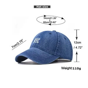 Detailed size specifications for the washed denim baseball cap with NYC embroidery