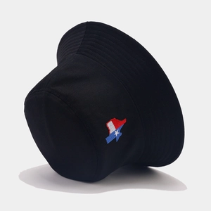 Black cotton bucket hat featuring detailed state flag embroidery and a classic sun-shading brim