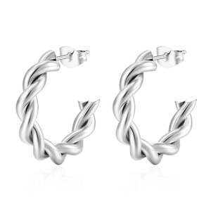 Silver twisted rope C-shaped hoop earrings in stainless steel with a high-polished finish