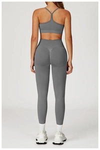 Rear view of grey seamless yoga bra and high waist leggings showing back detail