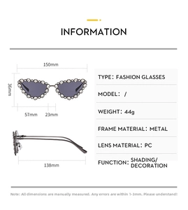 Detailed size guide for cat eye sunglasses showing 150mm frame width and metal frame specs