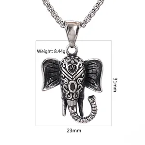 Retro elephant pendant necklace in stainless steel with vintage silver finish for men and women