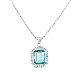 Hip hop silver twist chain with rectangle blue sapphire pendant and diamond halo